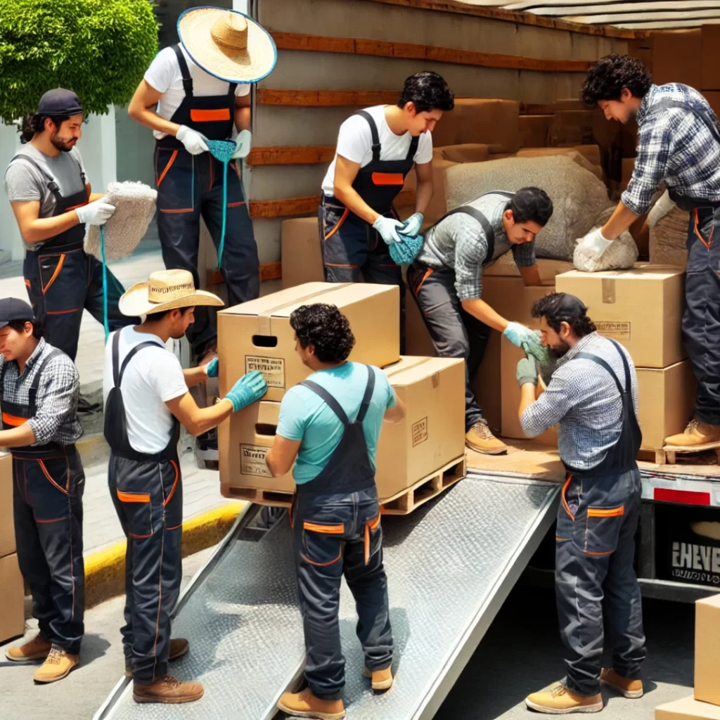 Trabajadores mexicanos embalando y cargando un camión de mudanzas en Iztapalapa, Ciudad de México.